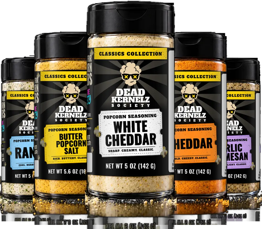 The five Dead Kernelz Society Classics popcorn seasonings, with White Cheddar in front