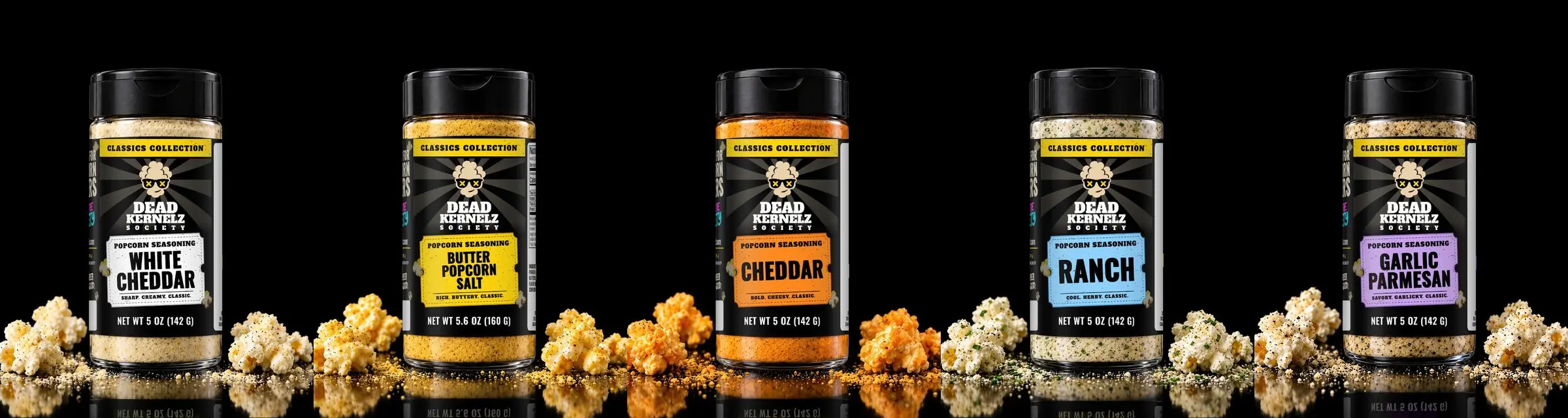 The five Dead Kernelz Society Classics popcorn seasonings: White Cheddar, Butter Popcorn Salt, Cheddar, Ranch and Garlic Parmesan