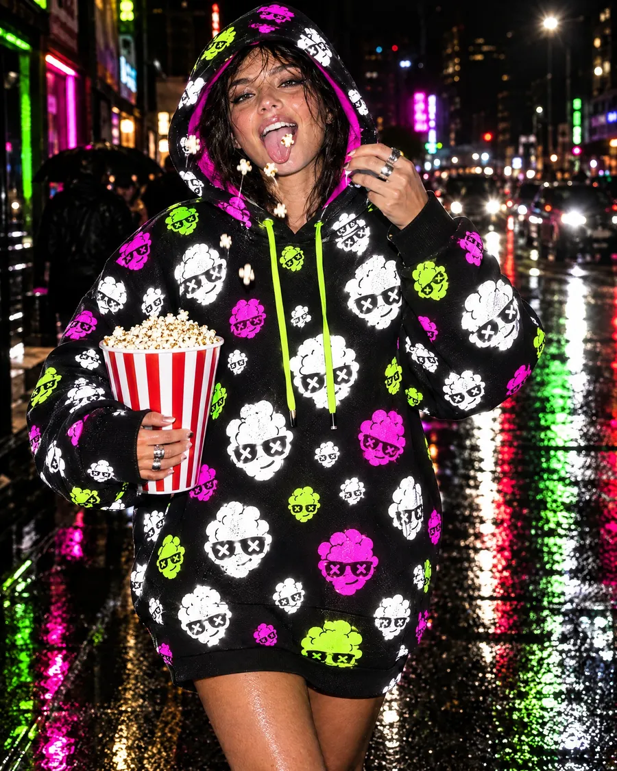 Society member in the Skull Storm hoodie with a bucket of popcorn (concept photo)