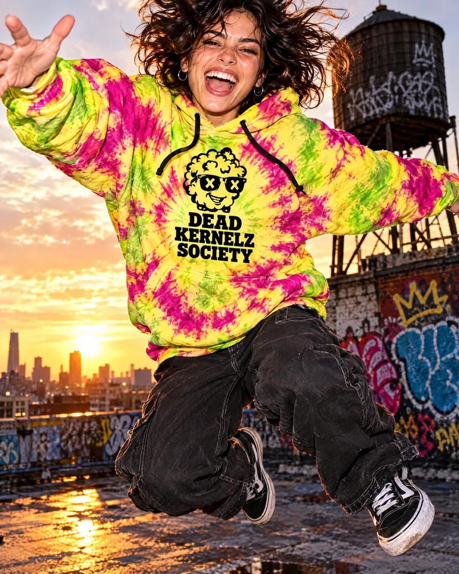 Member in a tie-dye DKS hoodie (concept photo)